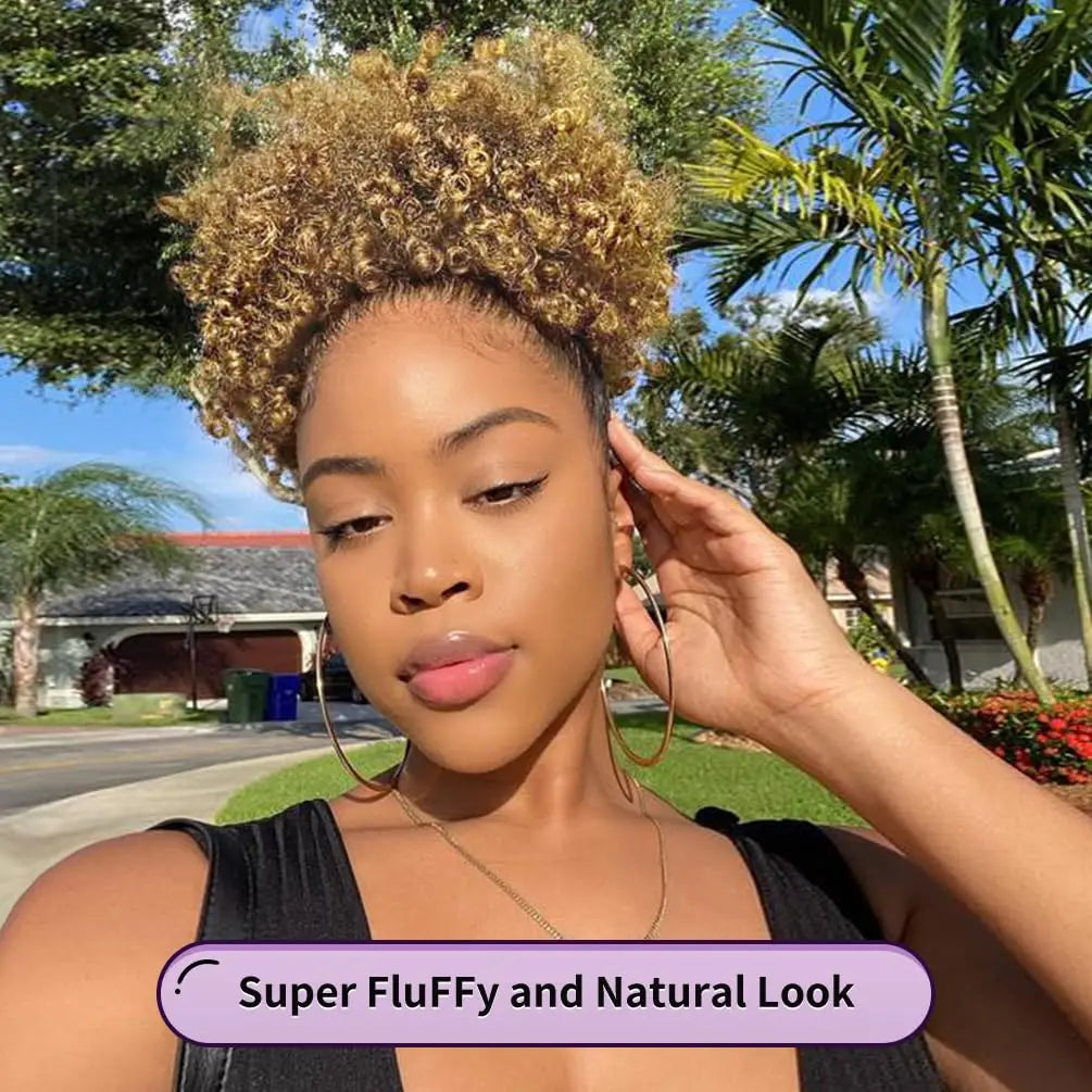 Curly puff hairpiece shown with attachment details or styled on a model