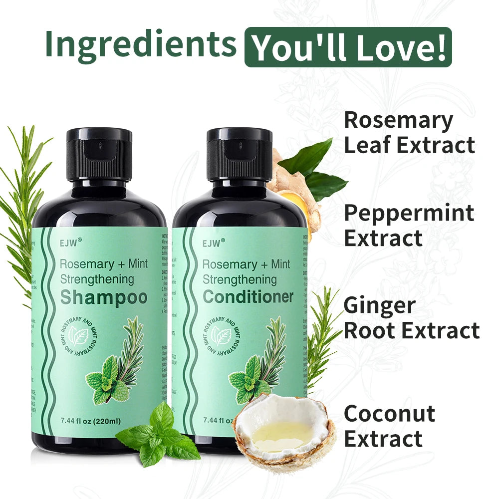 Rosemary hair care products with ingredient and hairstyle illustrations