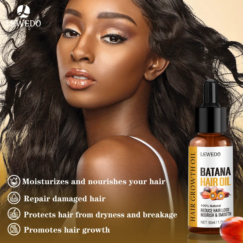 Batana hair oil with hairstyle and ingredient illustrations