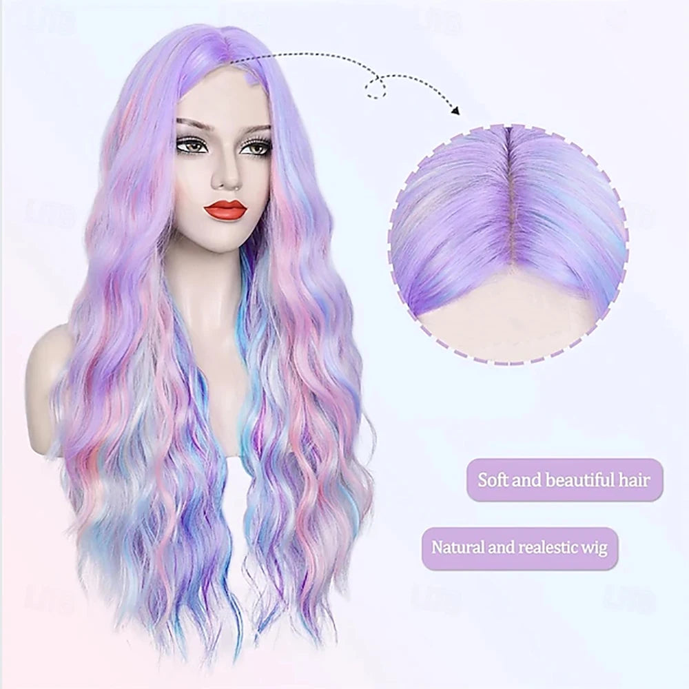 Long pastel wavy wig with hairstyle and parting details