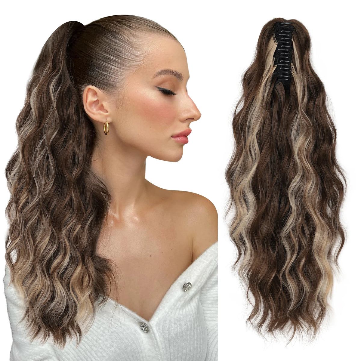Wavy ponytail extension color shown with styling example