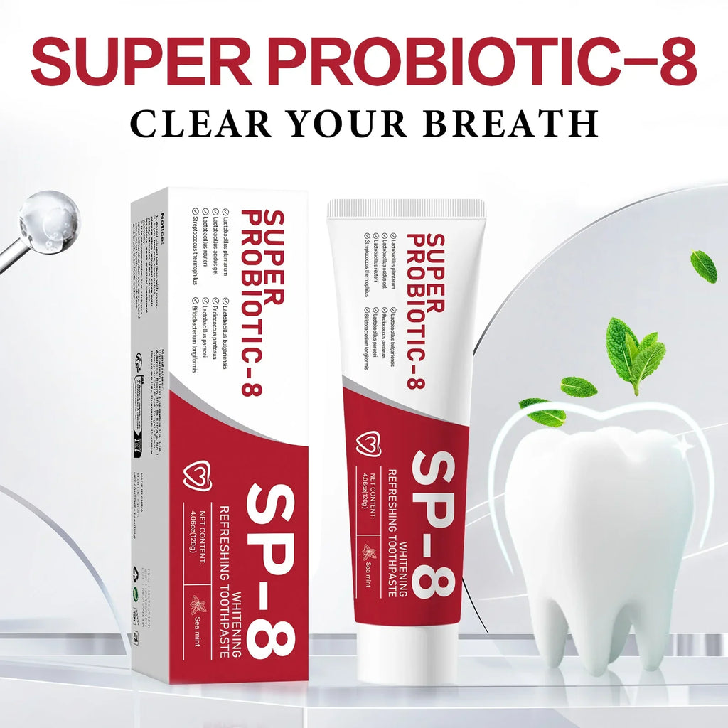 Probiotic toothpaste with ingredients and tooth brushing illustrations