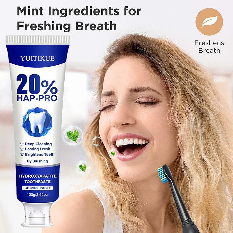 Hydroxyapatite toothpaste tube with smile and tooth care graphics