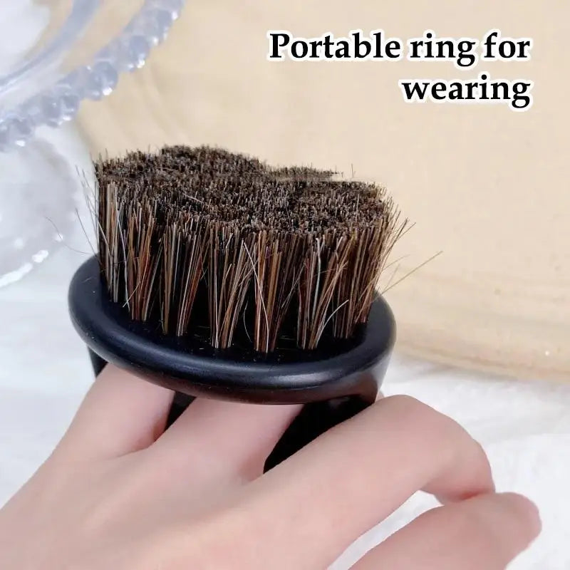 Palm grooming brush with hand grip and bristle views