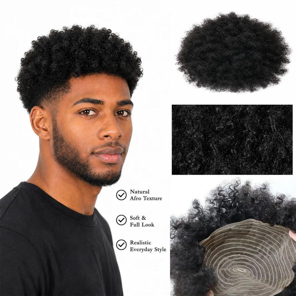 Curly hair toupee with hairstyle and base construction details