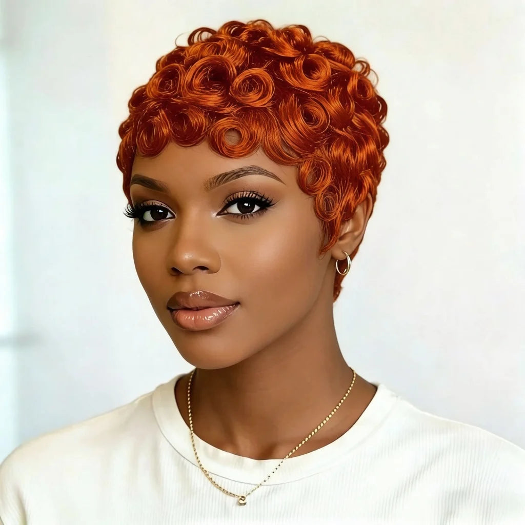 Short curly wig shown from front and back