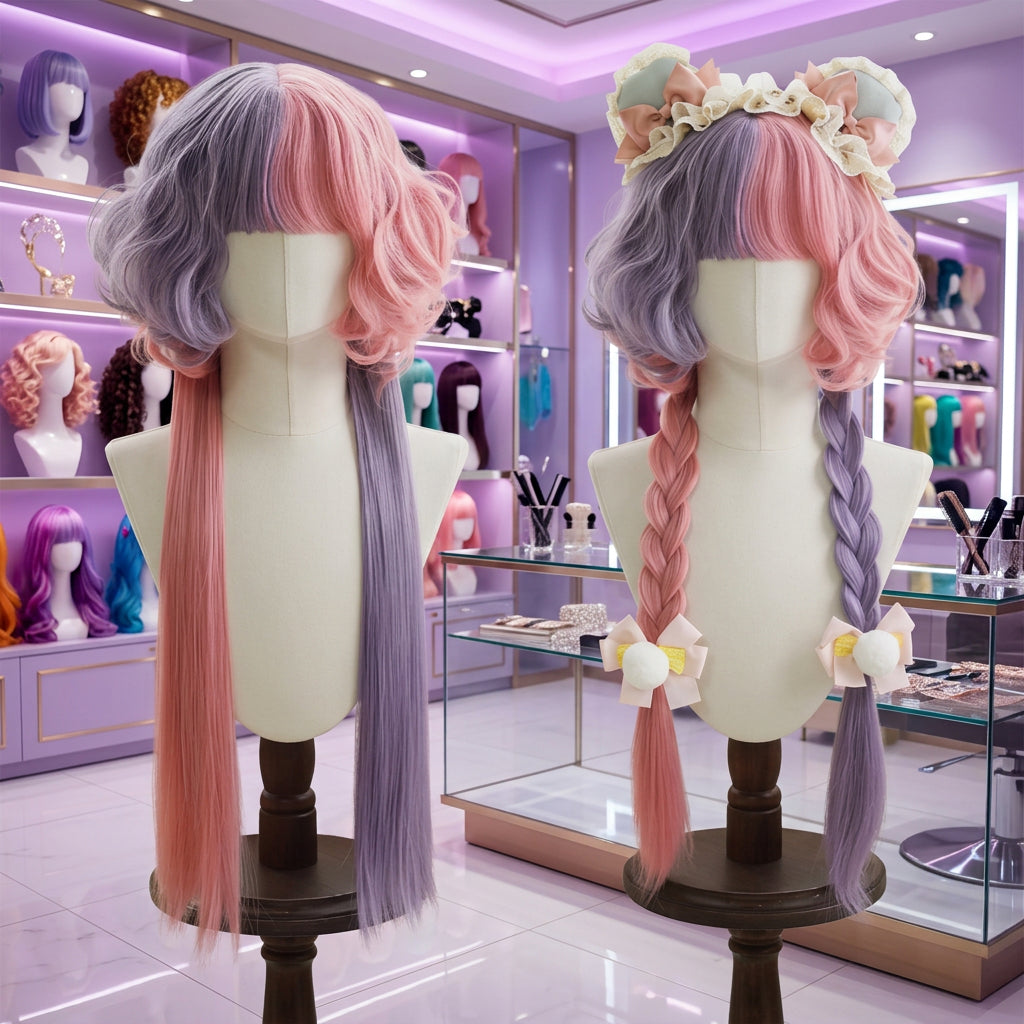 Cosplay wig shown with front, back or styling views
