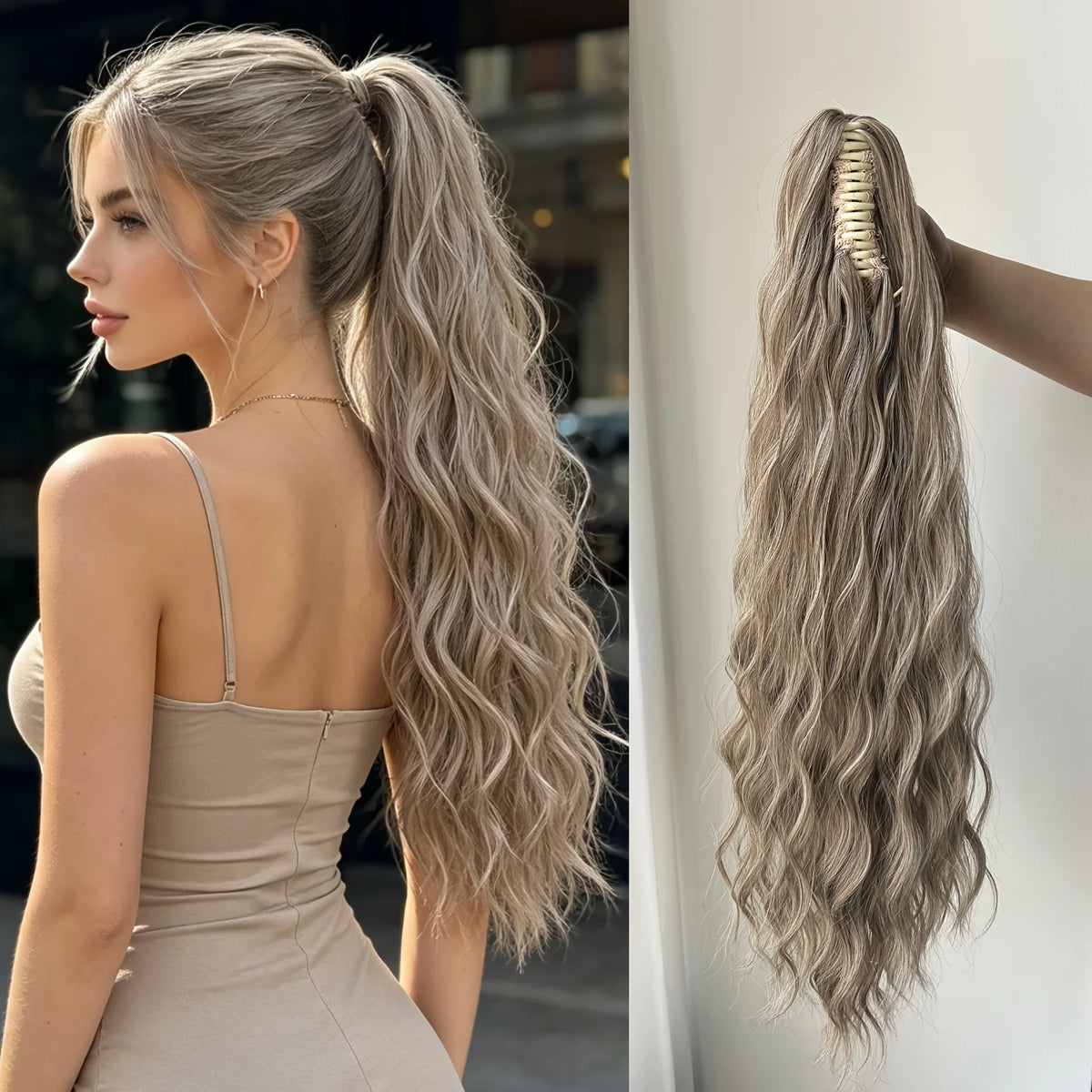 Long wavy ponytail extension with hairstyle and back views
