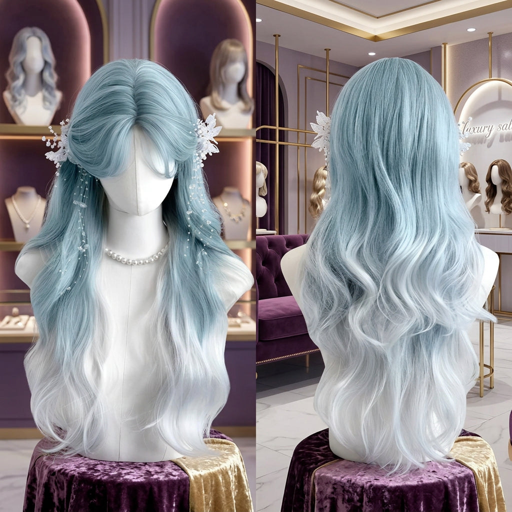 Cosplay wig shown with front, back or styling views