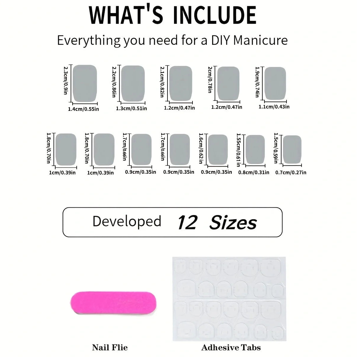 Press-on nail sizes and included manicure accessories