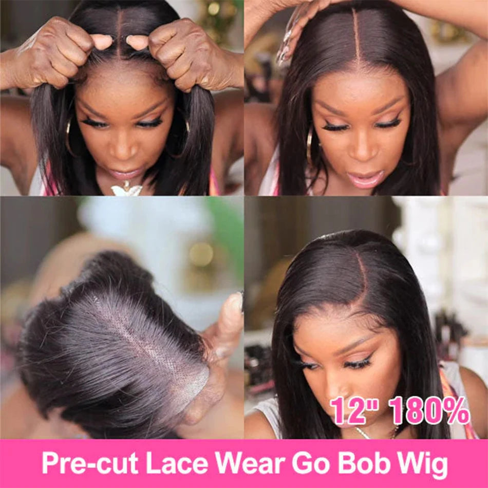 Straight dark bob wig with hairstyle and hairline details
