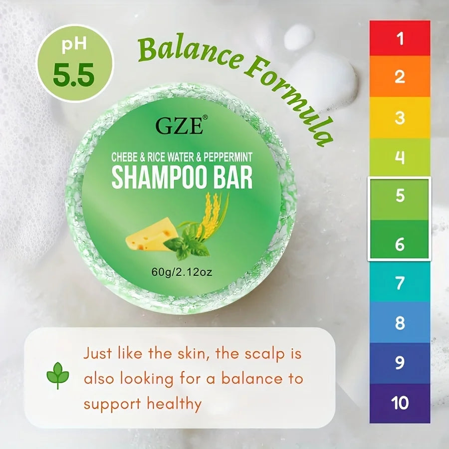 Green shampoo bar with ingredients and hair washing information