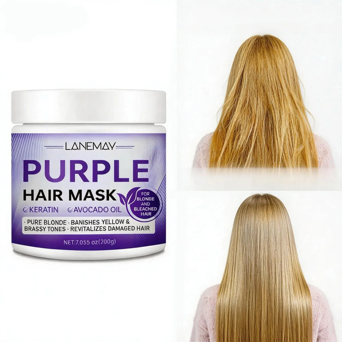 Purple hair mask with hair color and application examples