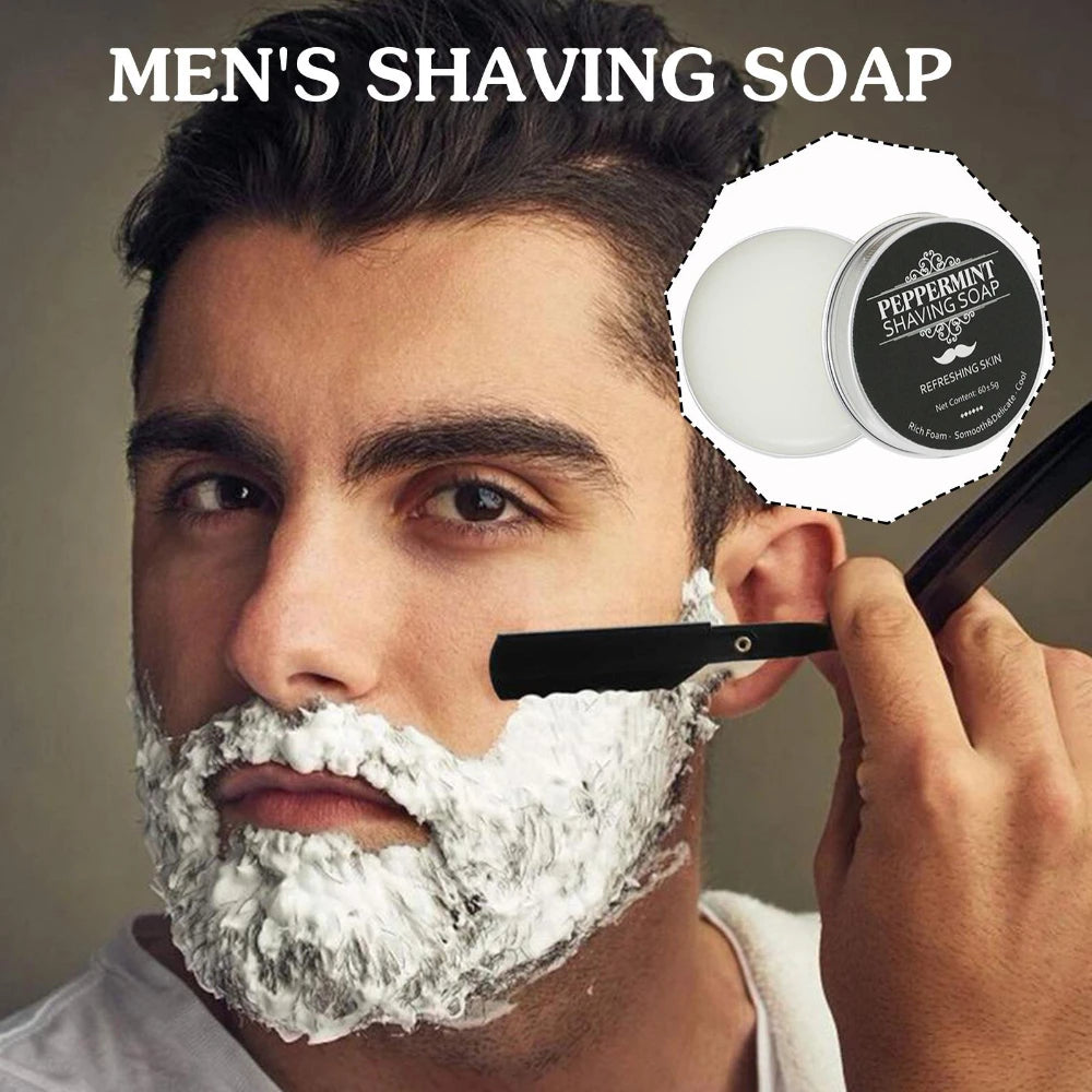 Shaving soap with lather and shaving brush application examples