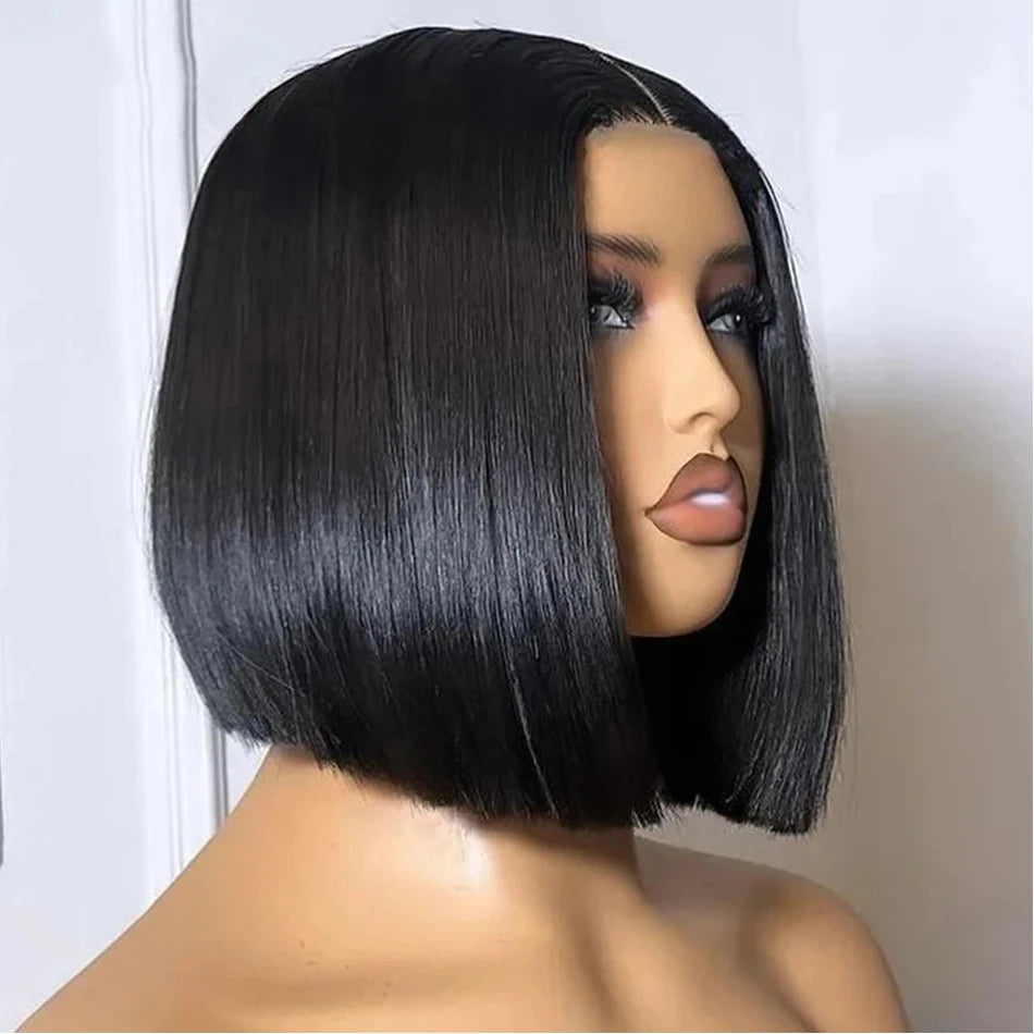 Straight dark bob wig with hairstyle and hairline details