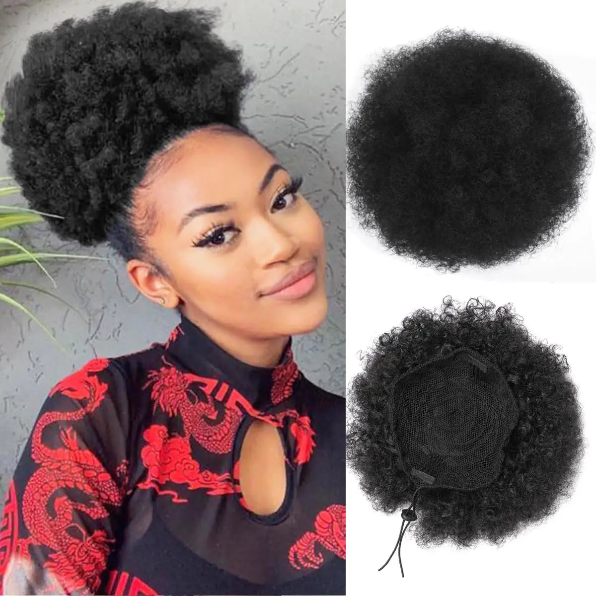 Curly puff hairpiece shown with attachment details or styled on a model