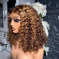 Short highlighted curly bob wig showing its hairstyle and curl texture