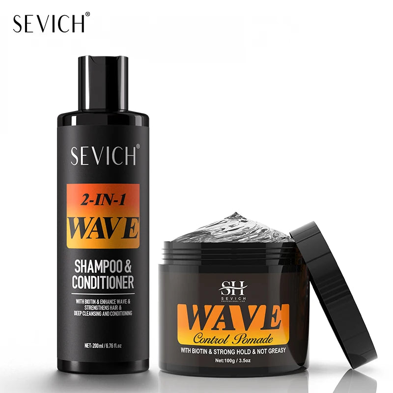 Wave shampoo bottle beside a pomade jar