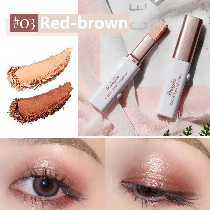 Dual-color eyeshadow stick with swatches and eye makeup example