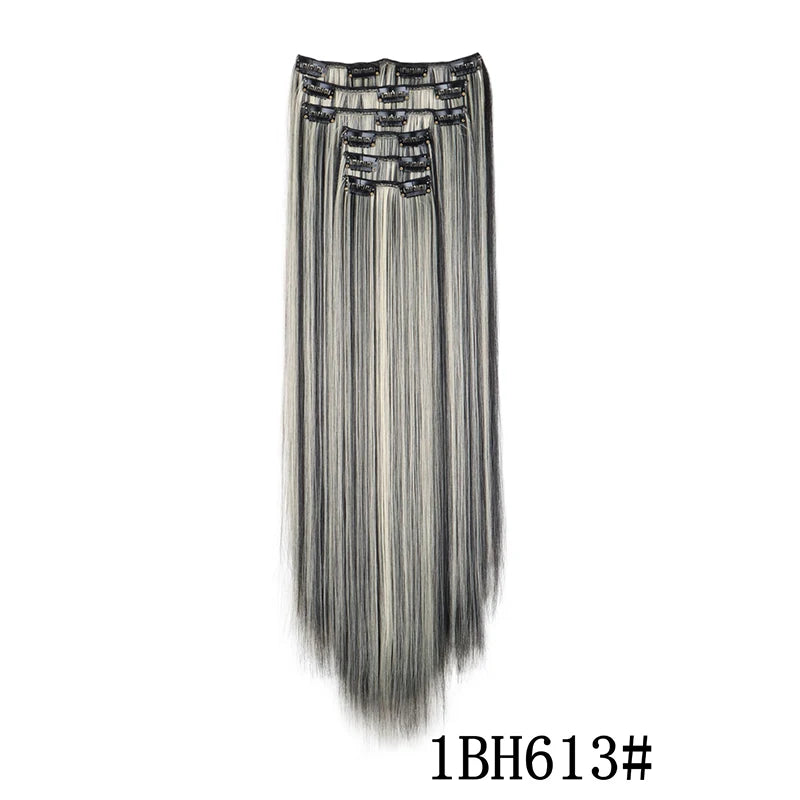Straight clip-in hair extension with visible attachment clips