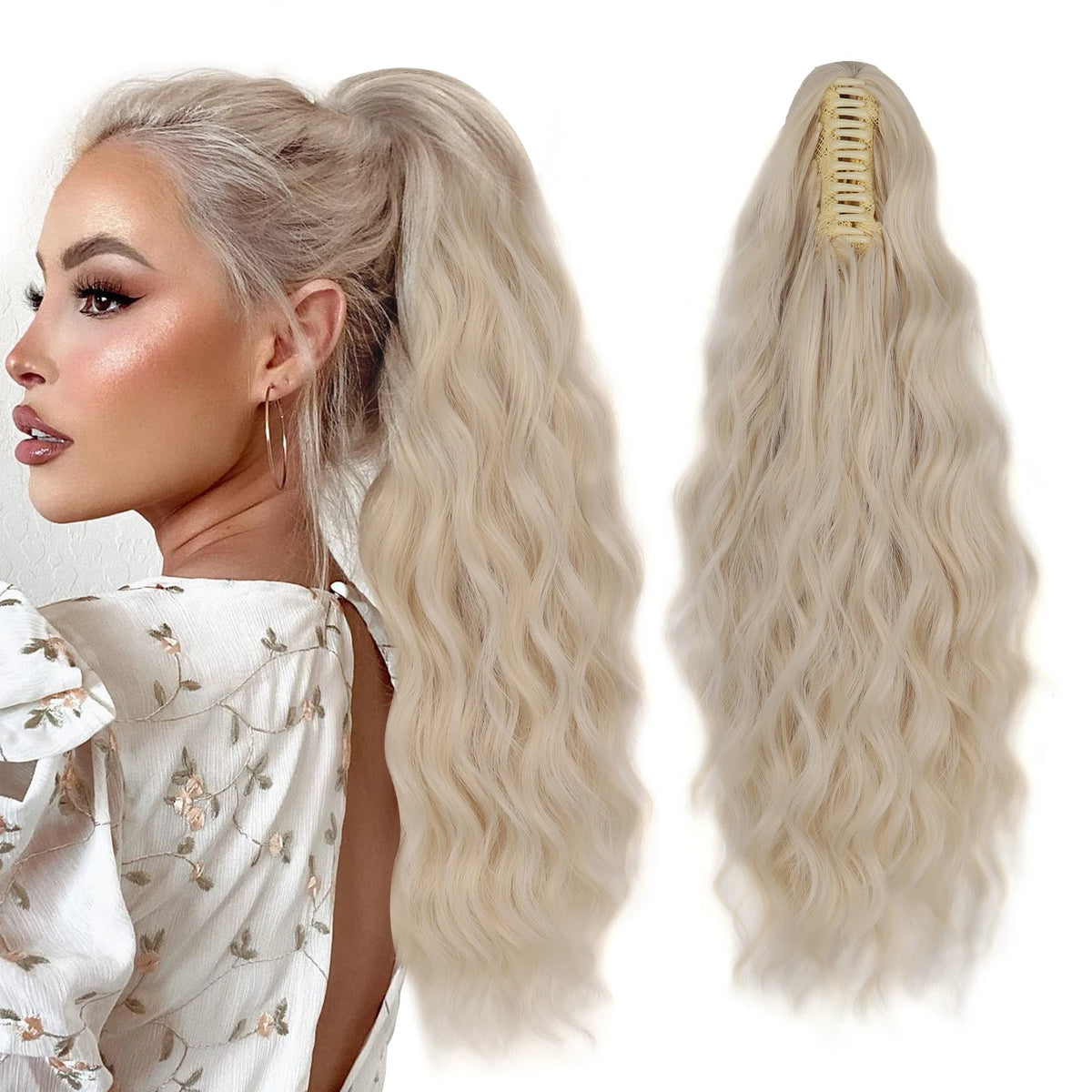 Wavy ponytail extension color shown with styling example