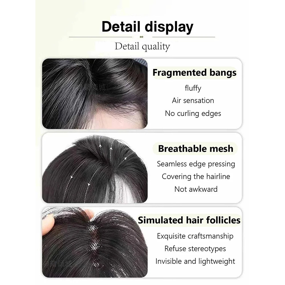 Clip-in fringe hairpiece with styling and construction examples