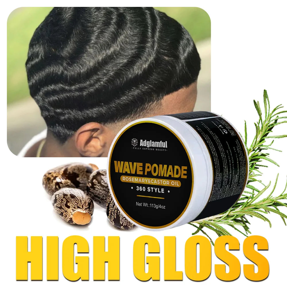 Wave pomade with hairstyle and ingredient graphics