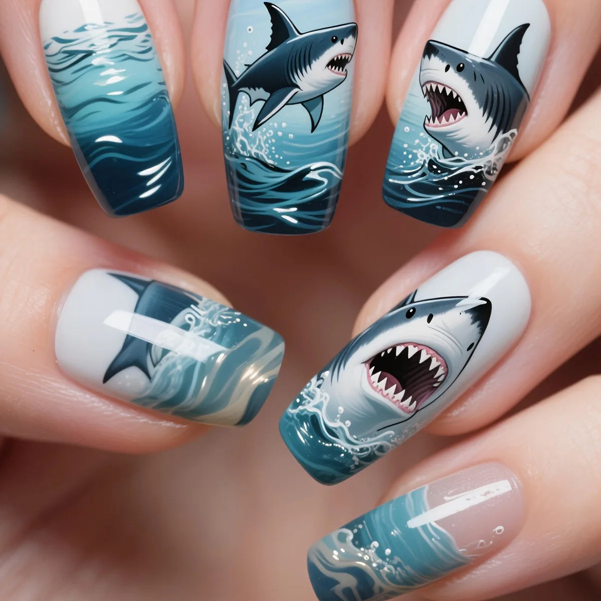 Colorful marine-themed nail artwork shown on hands