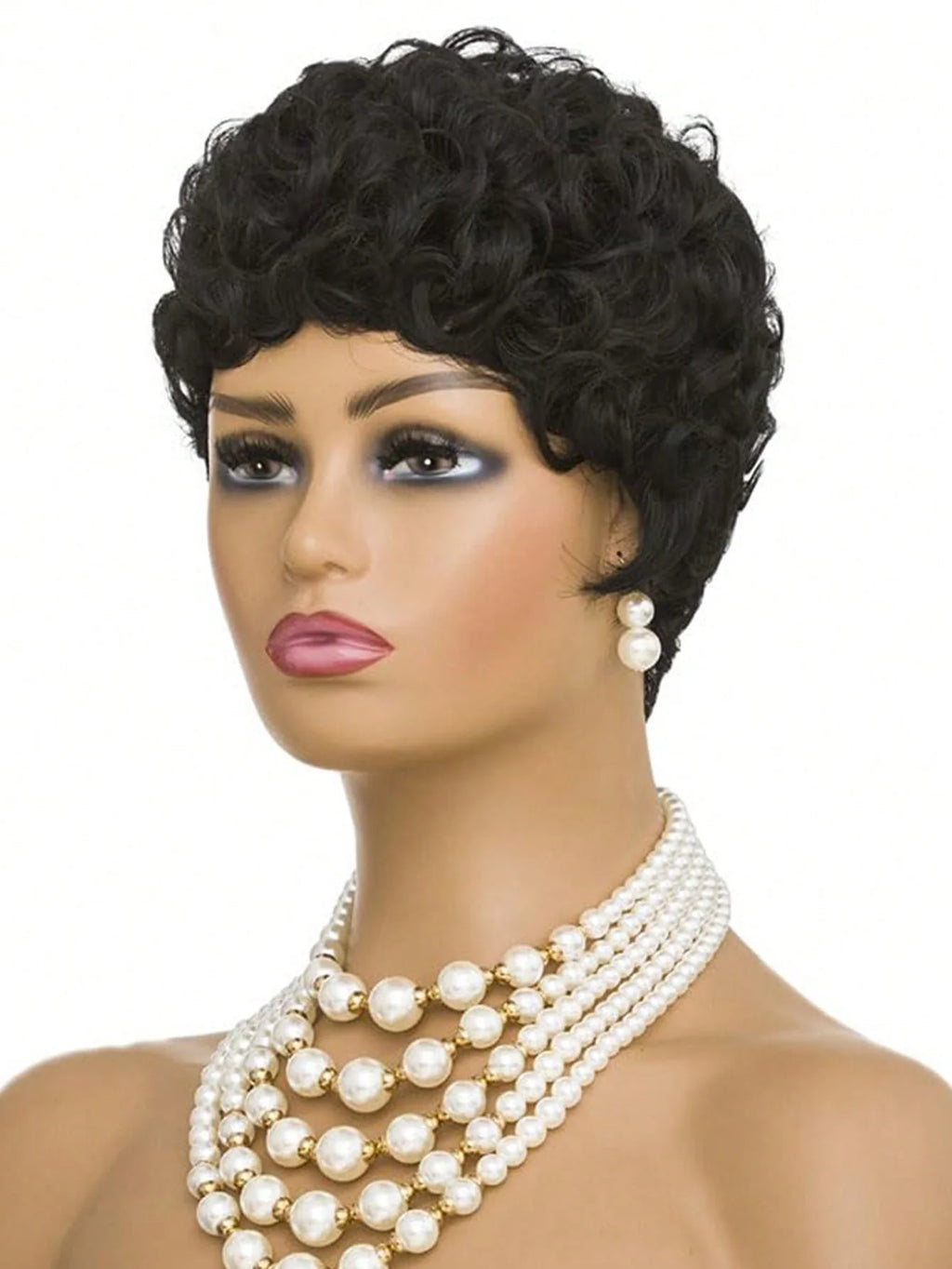 Short curly wig shown on a mannequin