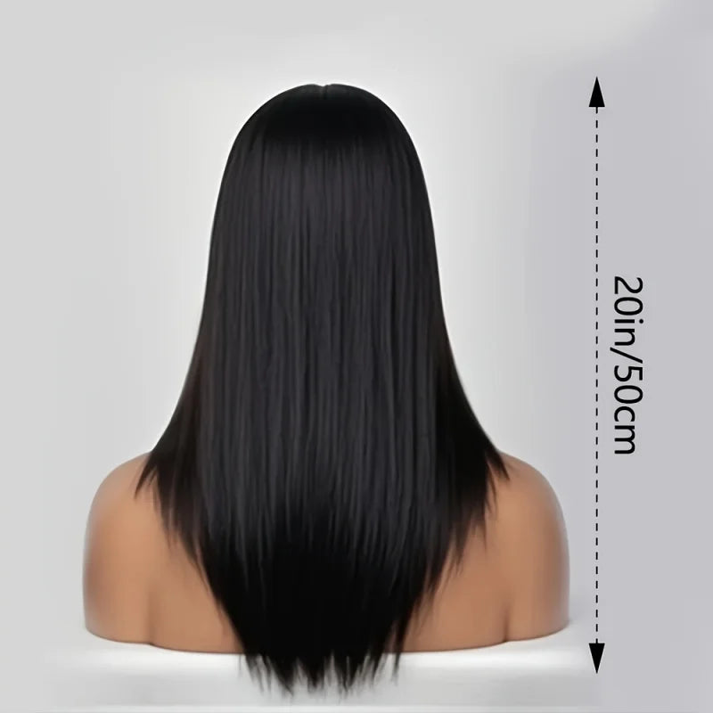 Long straight dark wig shown on a model or mannequin