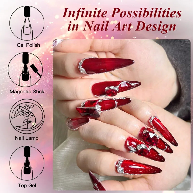 Red magnetic gel nail polish with painted nail examples and product details
