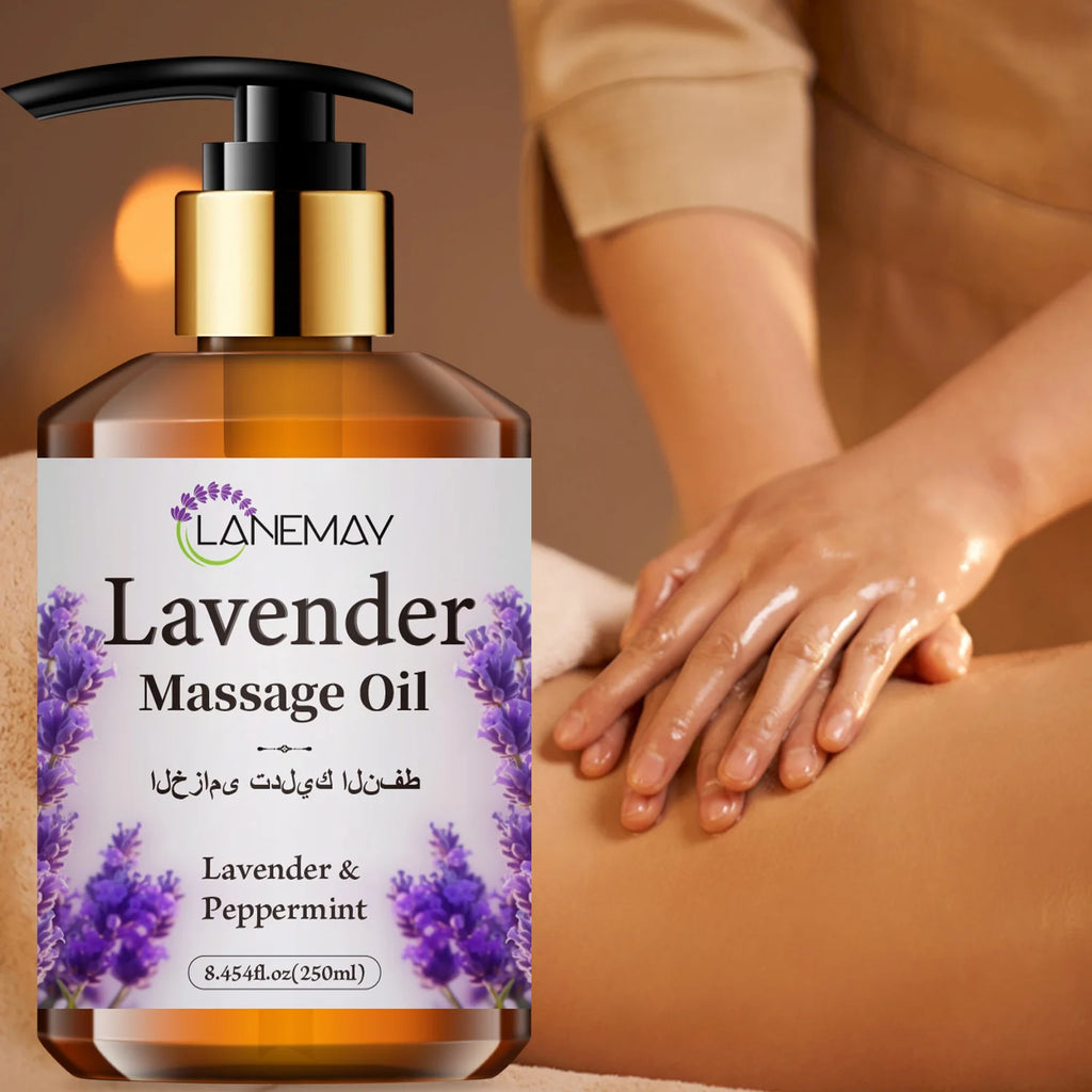 Lavender massage oil with ingredients and massage application illustrations