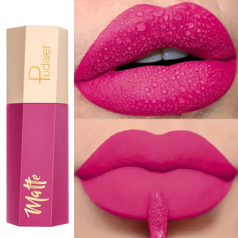Pink liquid lipstick tube with color shown on lips
