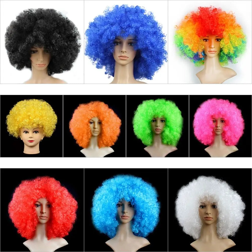 Curly costume wig color options shown on mannequins