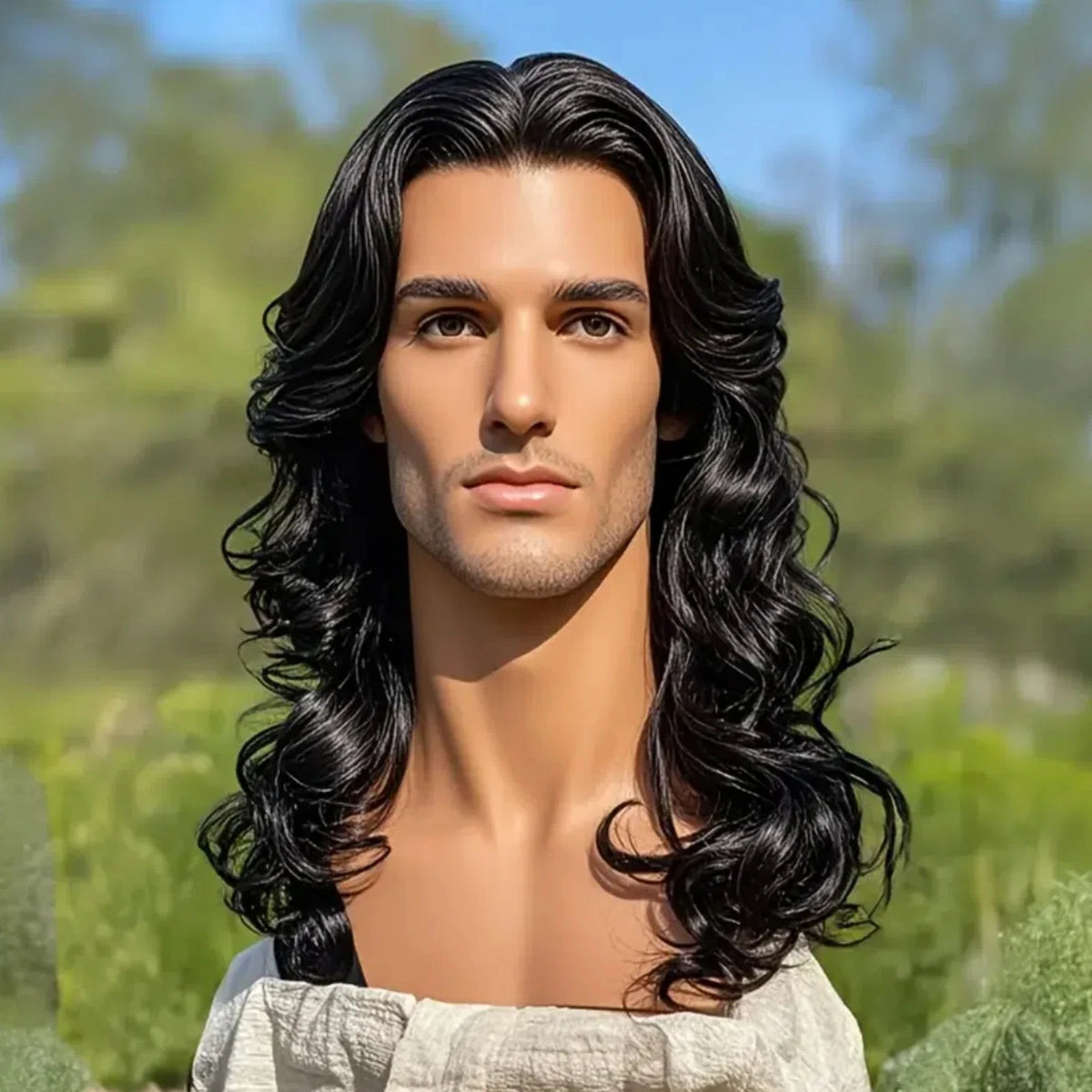 Long wavy dark wig with hairstyle and length details