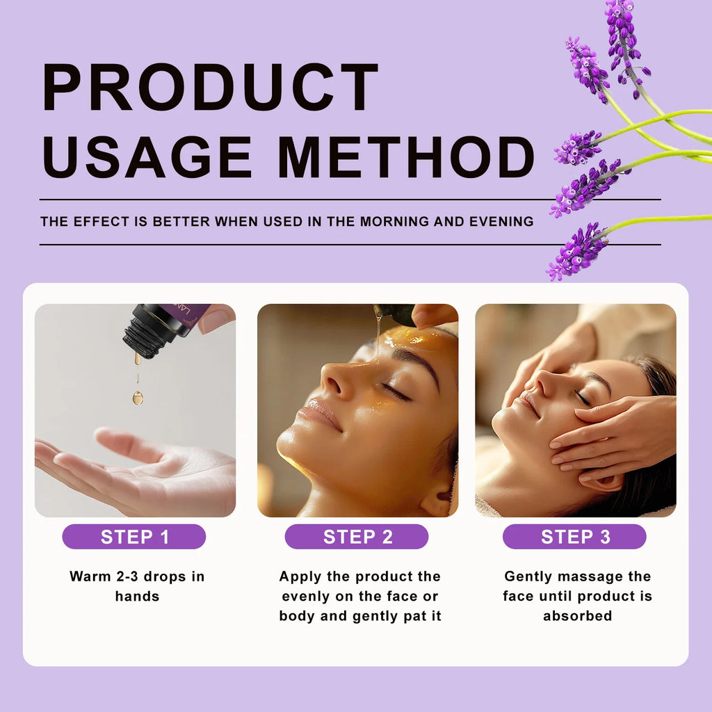 Lavender massage oil with ingredients and massage application illustrations