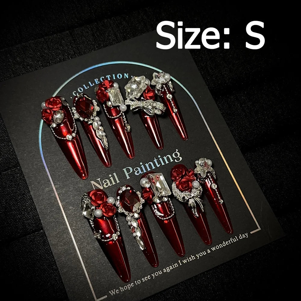 Gem-encrusted press-on nail set with size label