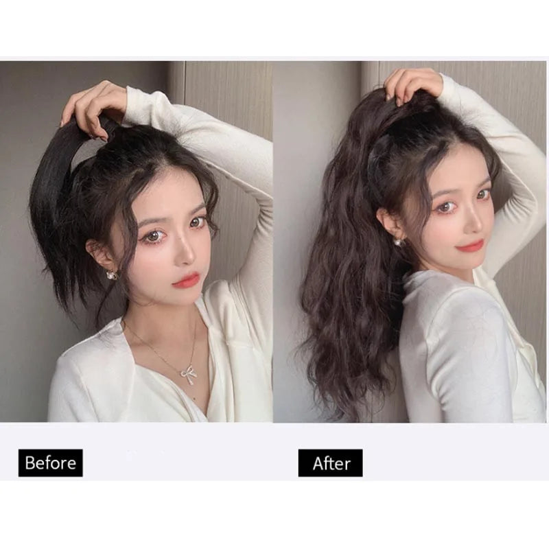 Ponytail hairstyle shown before and after adding an extension