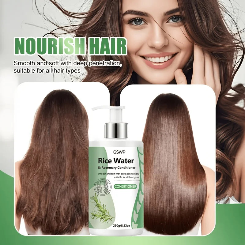 Rice water conditioner with hair care and ingredient illustrations