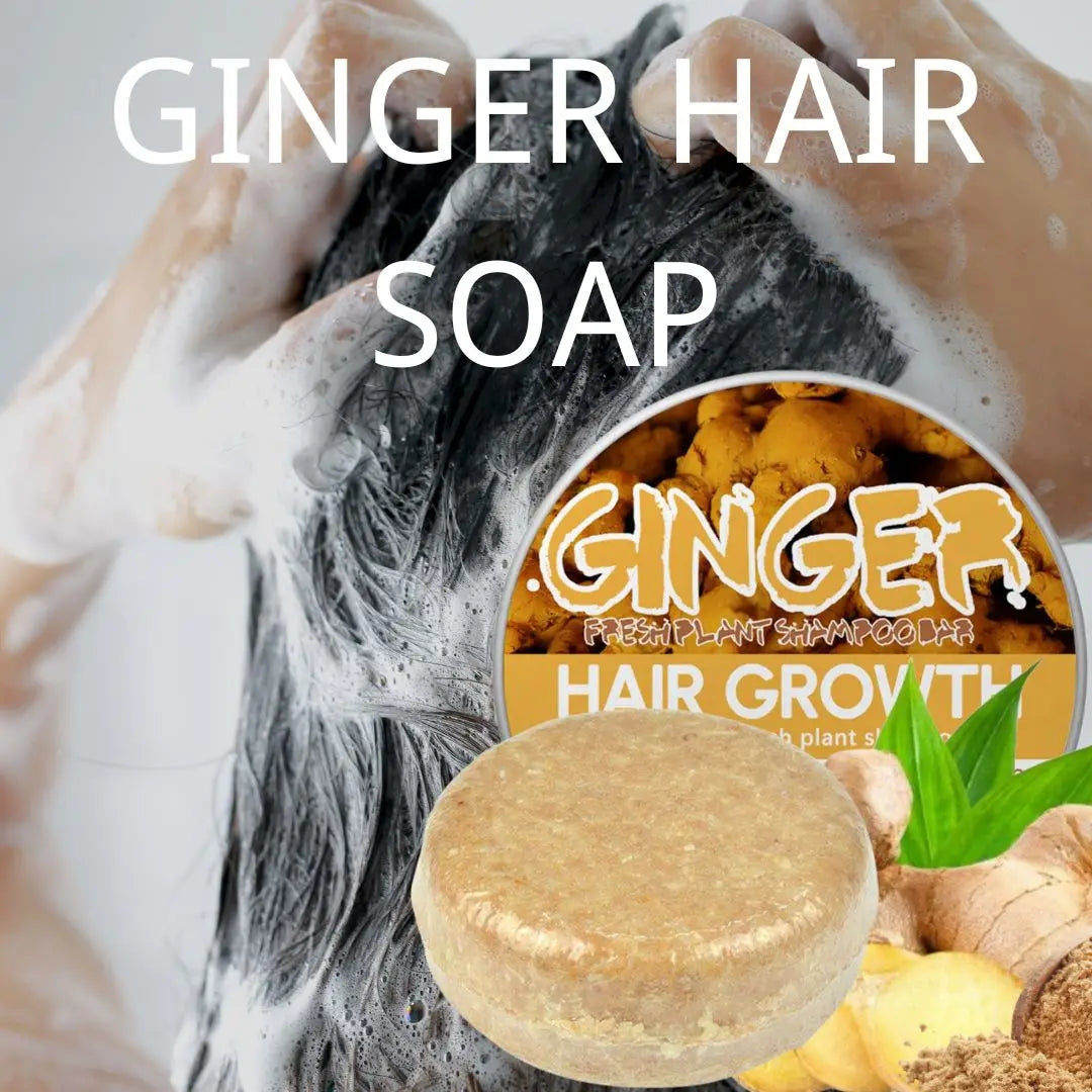 Ginger shampoo bar with hair care and application graphics