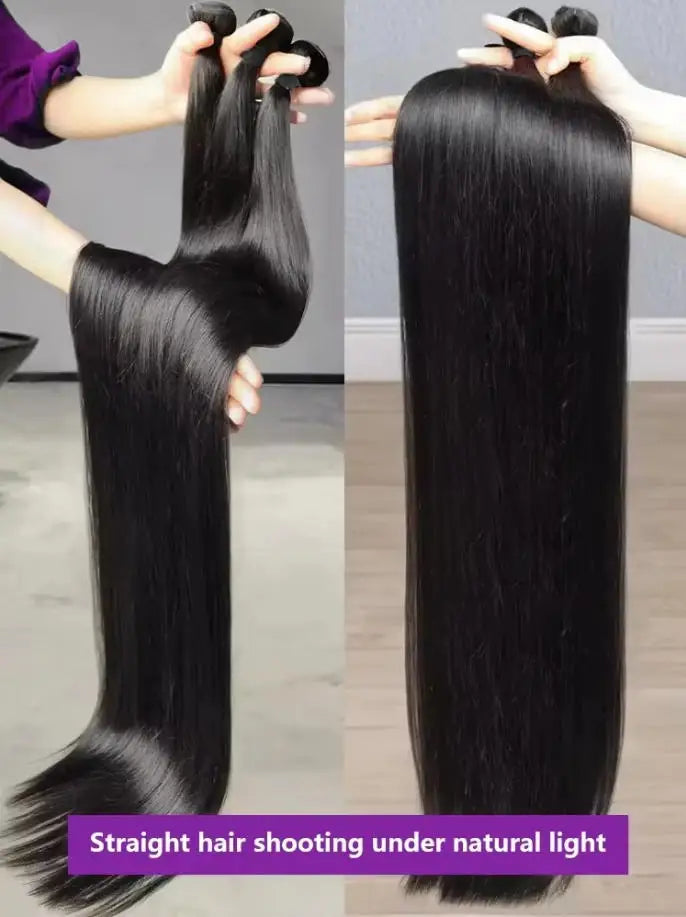 Straight dark hair bundles with texture and weft details