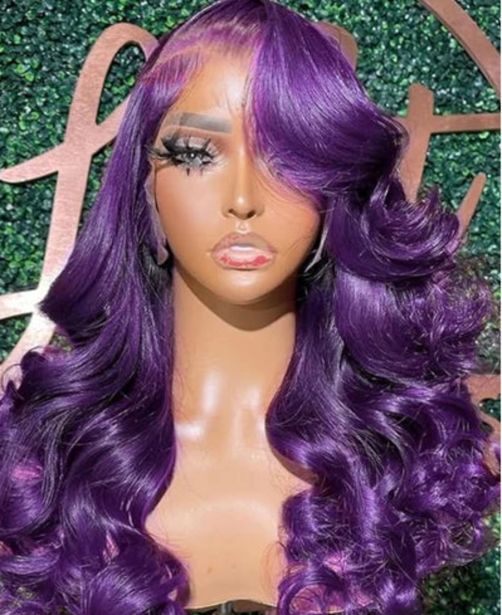 Long purple wavy wig with styling examples