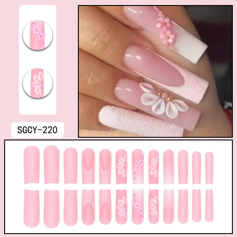 Press-on nail set with manicure example and design samples
