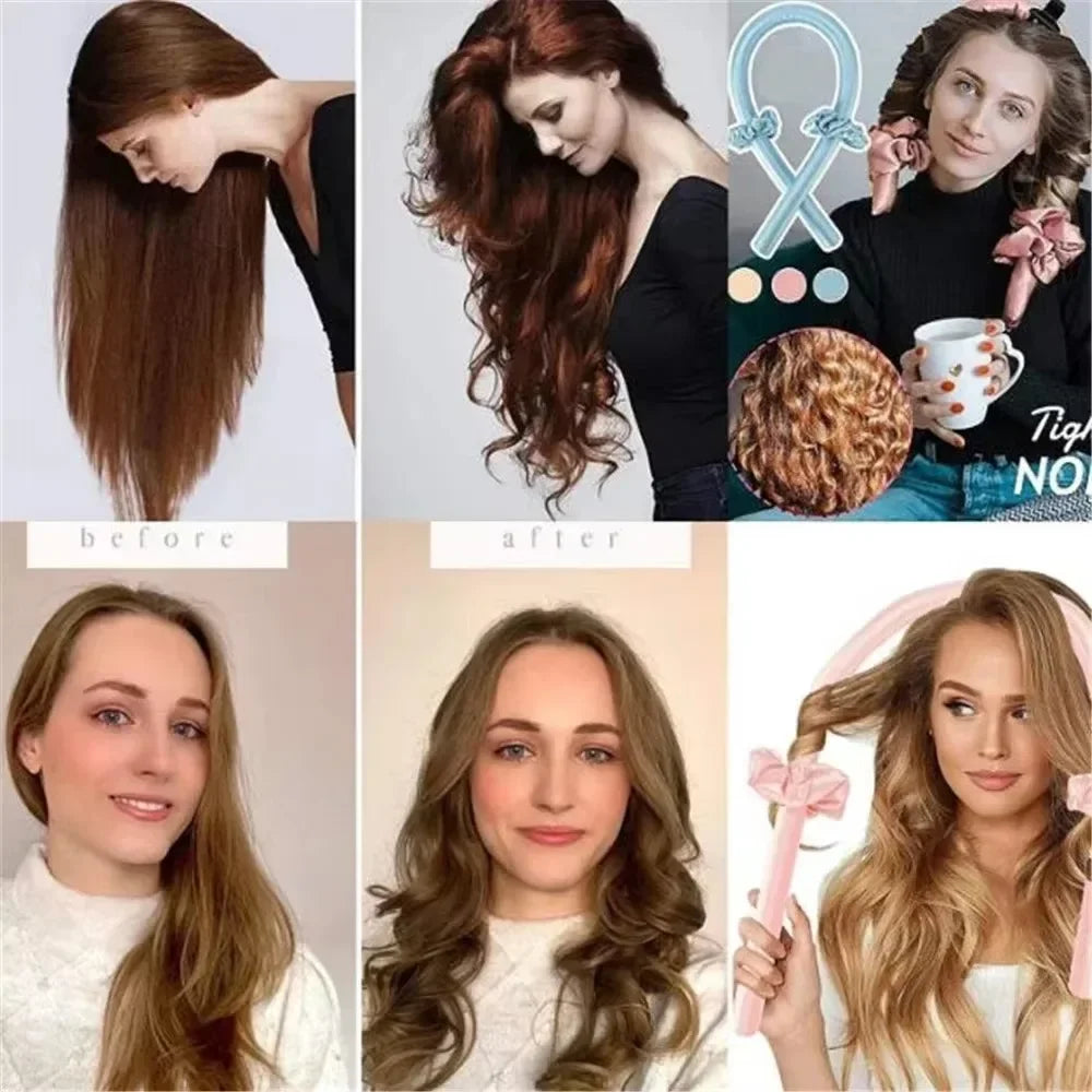 Heatless curling set shown in use and with styled curls