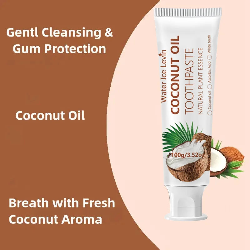 Coconut oil toothpaste with ingredient and brushing graphics