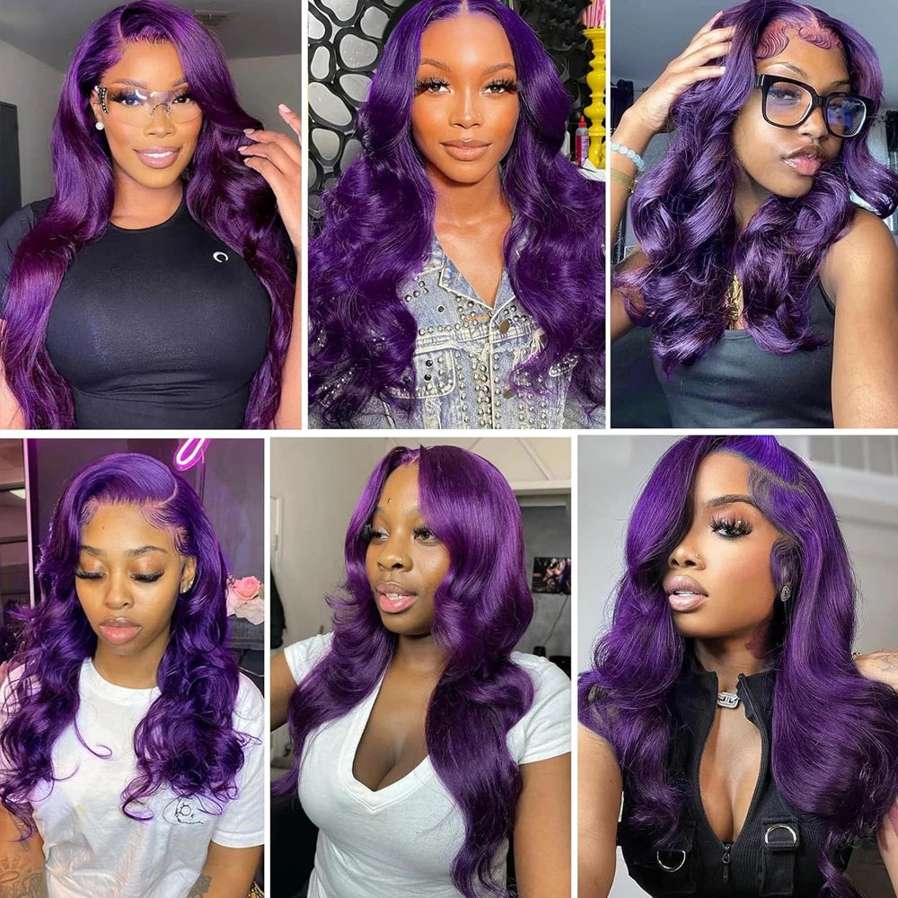 Long purple wavy wig with styling examples