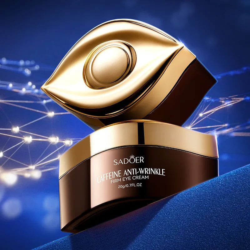 Gold eye cream jar with packaging or product information