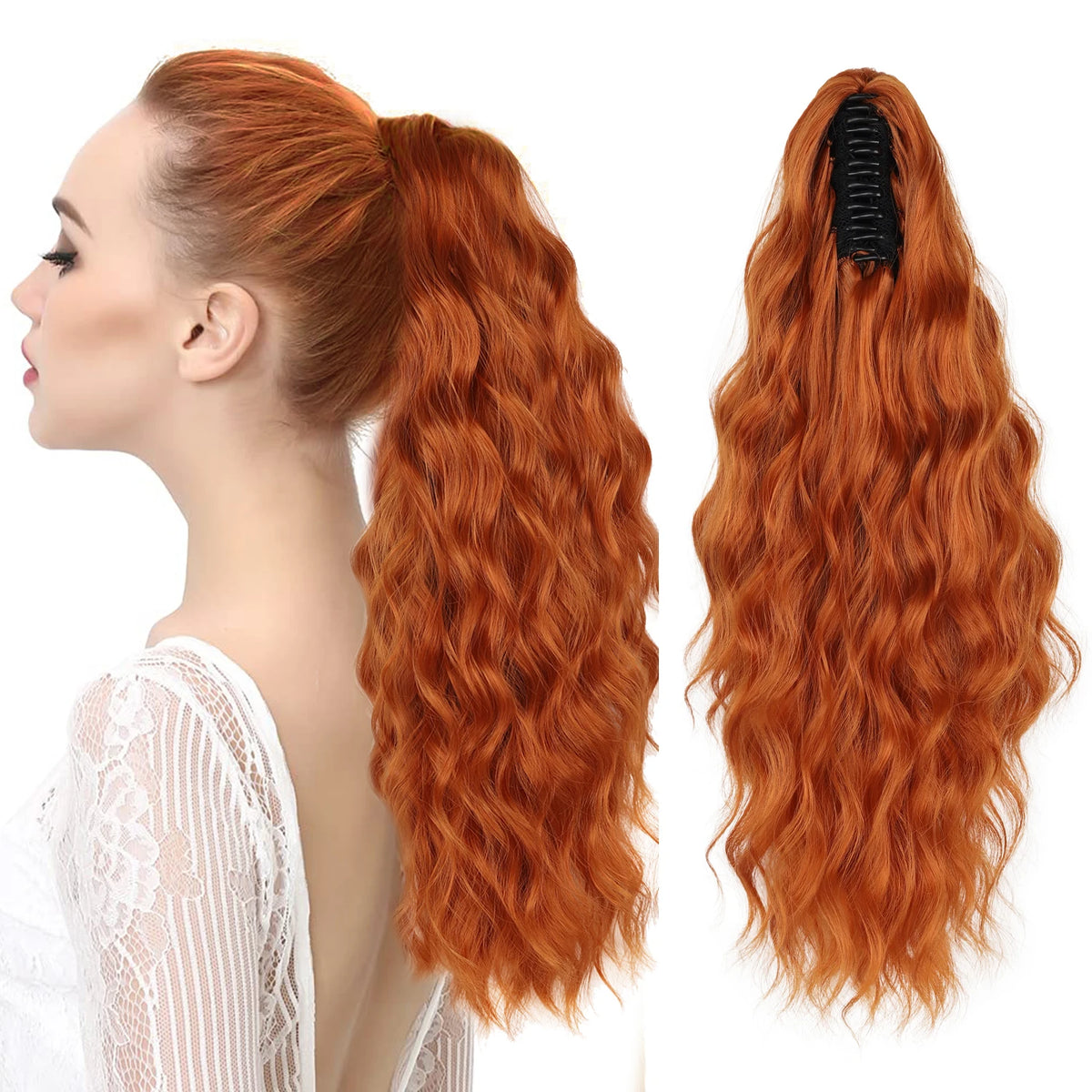 Wavy ponytail extension shown beside a styled ponytail