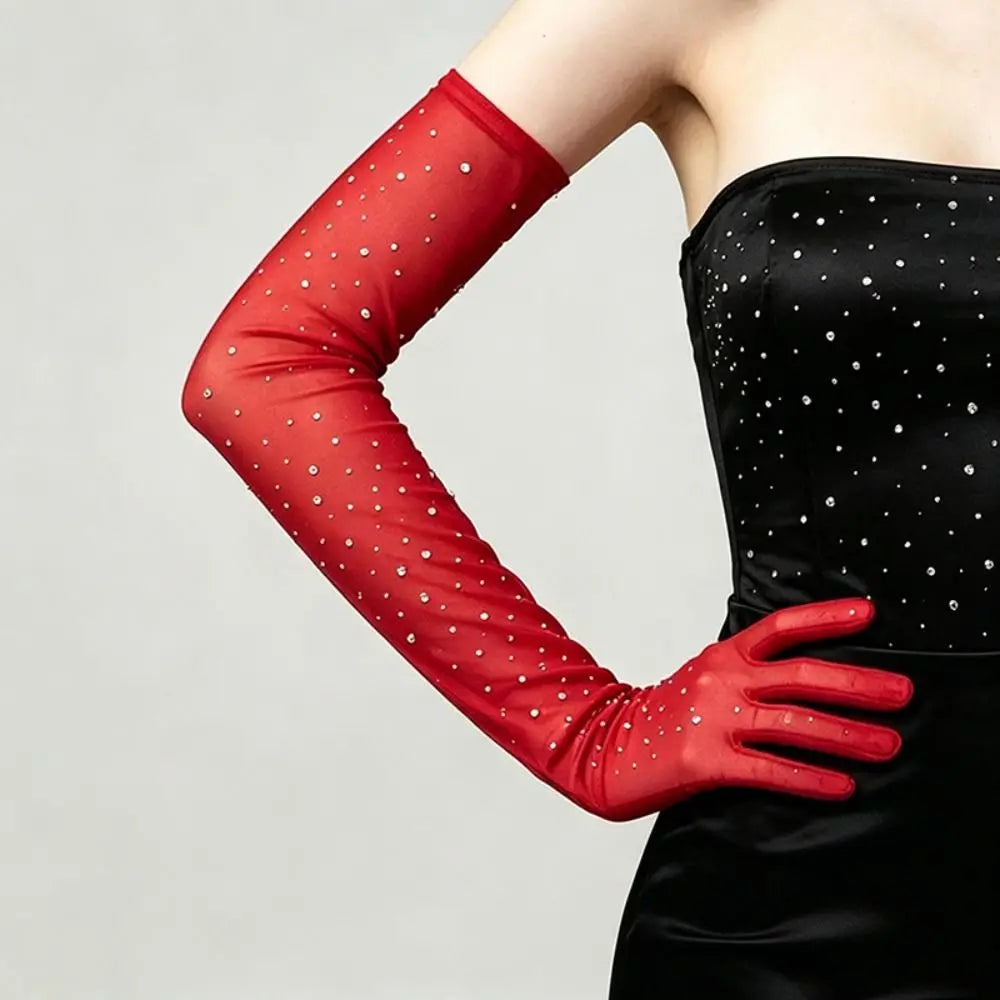 Elbow Length Full Finger Rhinestone Statement Gloves