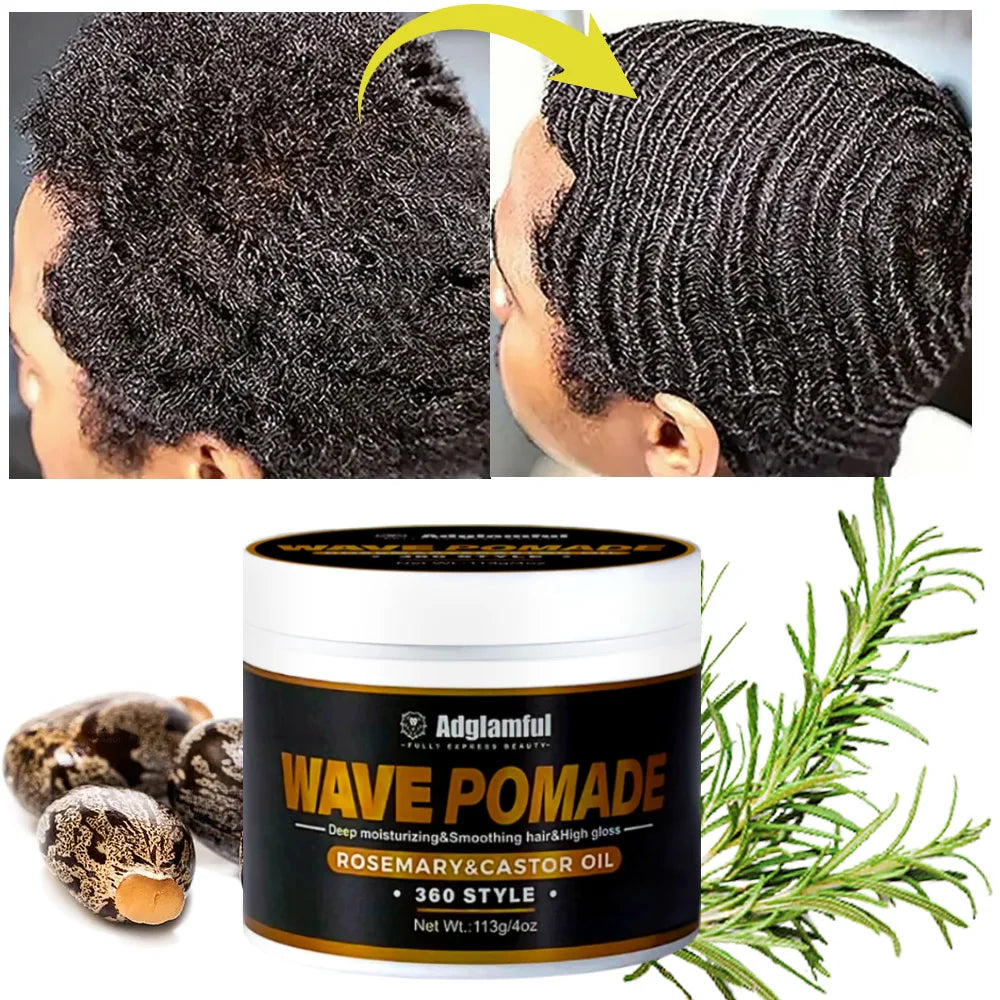 Wave pomade with hairstyle and ingredient graphics